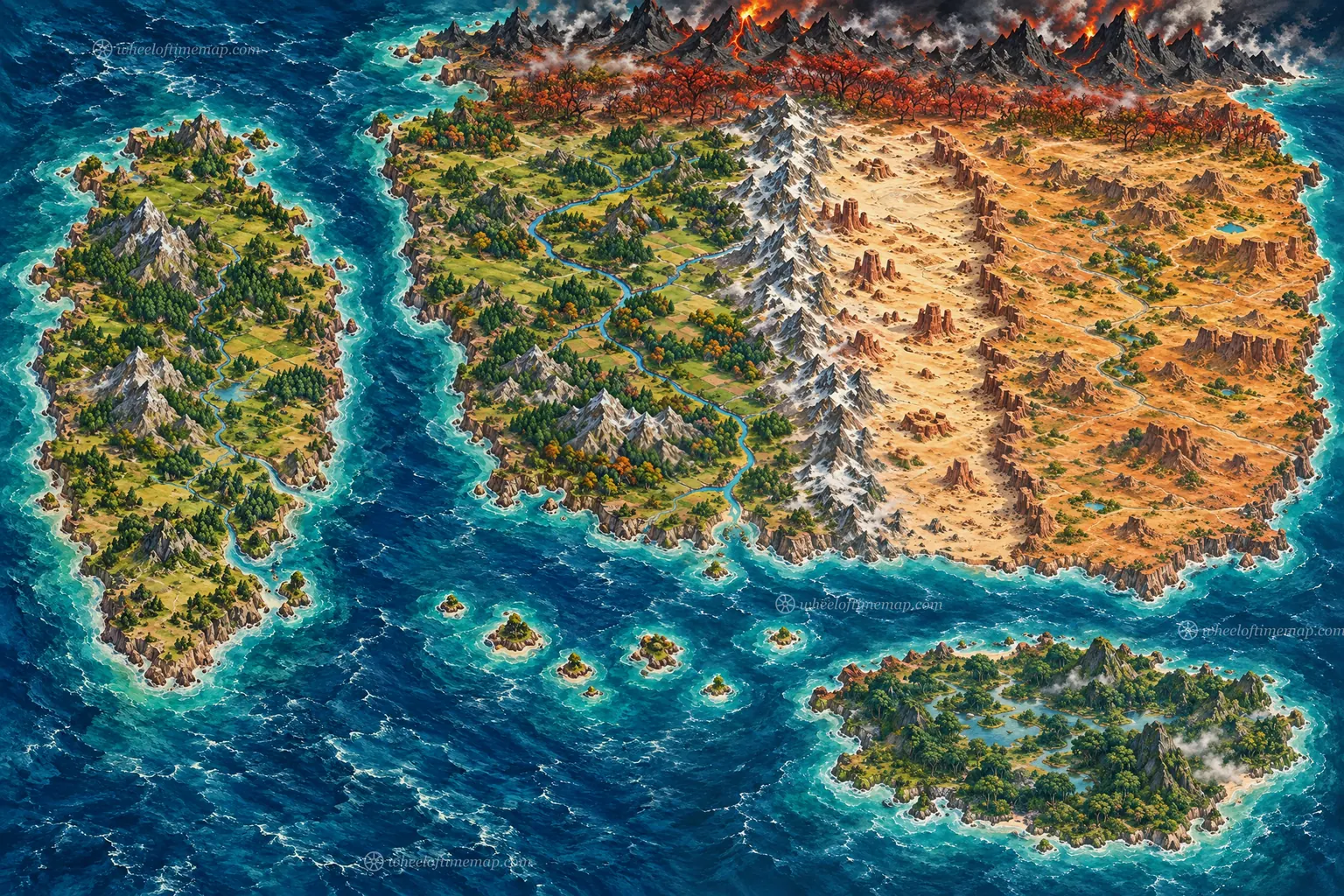 Carte peinte du monde de La Roue du Temps montrant les Terres de l'Ouest, le Désert des Aiels, Shara et l'empire seanchan